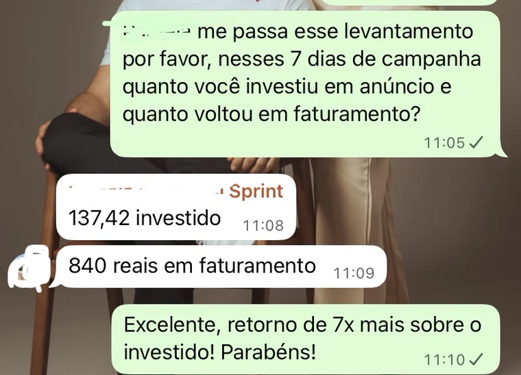 Mentorada Sprint: R$ 137,42 investidos em 7 dias de campanha viraram R$ 840 em faturamento, retorno de 7x