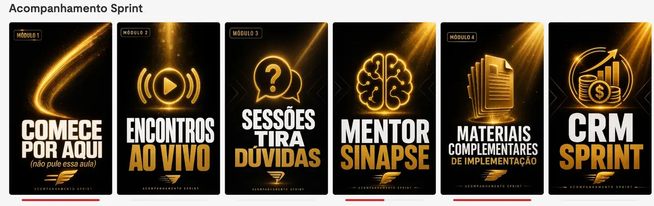 Área de membros do Acompanhamento Sprint com os módulos: comece por aqui, encontros ao vivo, sessões tira-dúvidas, Mentor Sinapse, materiais complementares e CRM Sprint